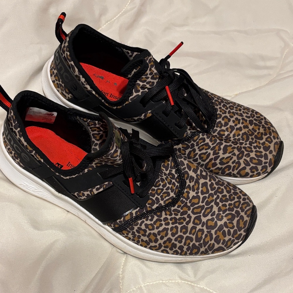New Balance Leopard Print Athletic Sneakers with Black & Red Accents